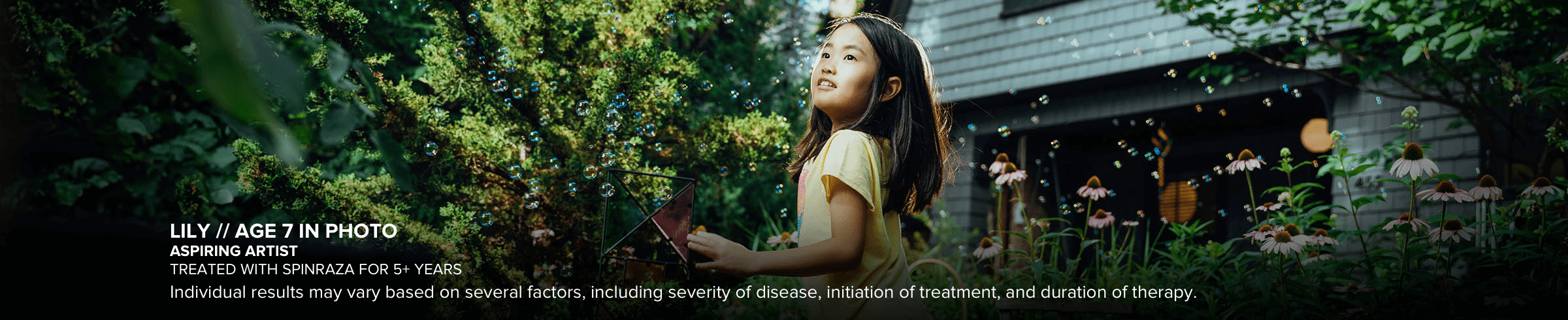 Lily, age 7 in photo, surrounded by nature. Aspiring artist with SMA and has been treated with SPINRAZA for 5+ years.
