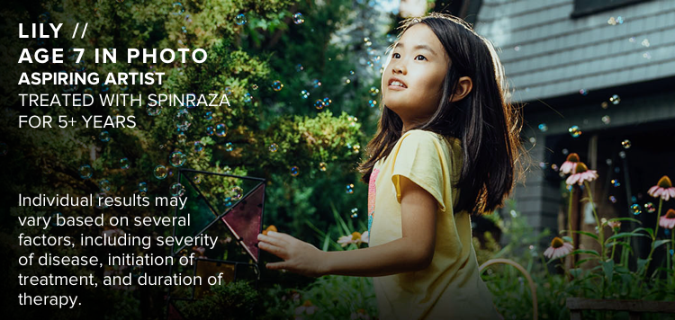 Lily, age 7 in photo, surrounded by nature. Aspiring artist with SMA and has been treated with SPINRAZA for 5+ years.