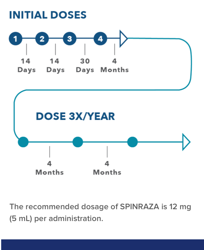 Infographic of dosing schedule: The recommended dosage of SPINRAZA is 12 mg (5 mL) per administration.