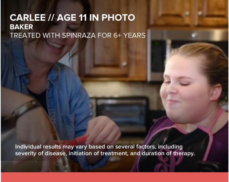 Carlee, age 11 in photo, baking with her mom. Has SMA and has been treated with SPINRAZA for 6+ years.