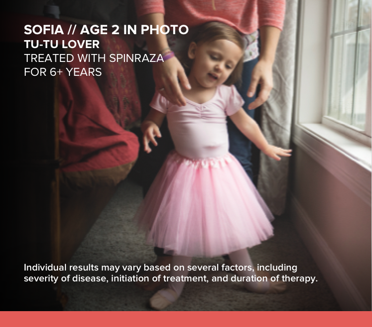 Sofia, age 2 in photo, wearing a pink tutu. Has SMA and has been treated with SPINRAZA for 6+ years.