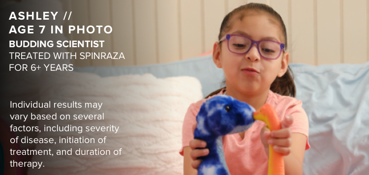 Ashley, age 7 in photo, playing with toys. Has SMA and has been treated with SPINRAZA for 6+ years.