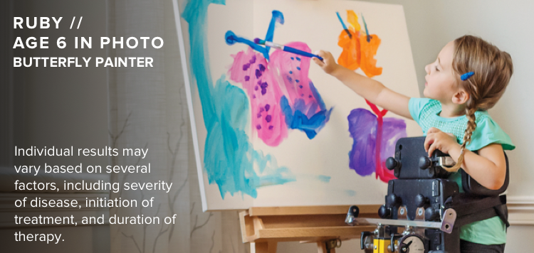 Ruby, age 6 in photo, has SMA and is pictured painting colorful butterflies on an easel.