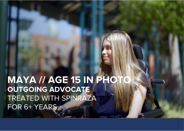Maya, age 15 in photo, sitting in a power chair. Has SMA and has been treated with SPINRAZA for 6+years.