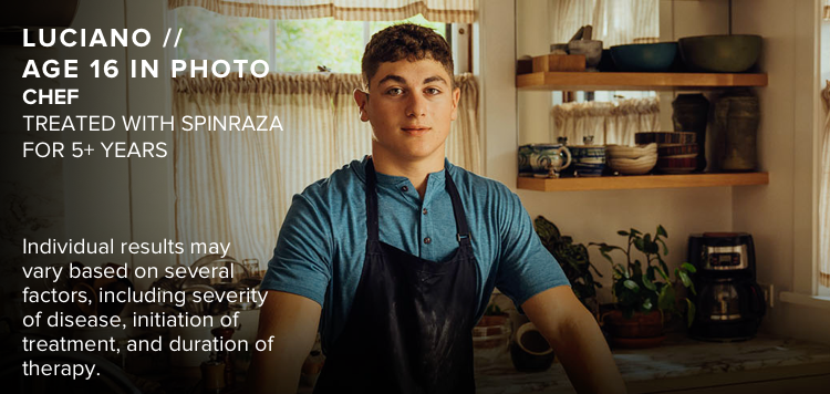 Luciano, age 16 in photo, has SMA and is pictured cooking inside a kitchen. Has been treated with SPINRAZA for 5+ years.