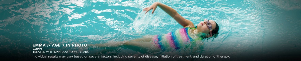 Emma, age 7 in photo, has SMA and is pictured swimming in a pool. Has been treated with SPINRAZA for 6+ years.