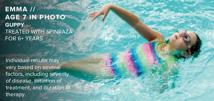 Emma, age 7 in photo, has SMA and is pictured swimming in a pool. Has been treated with SPINRAZA for 6+ years.