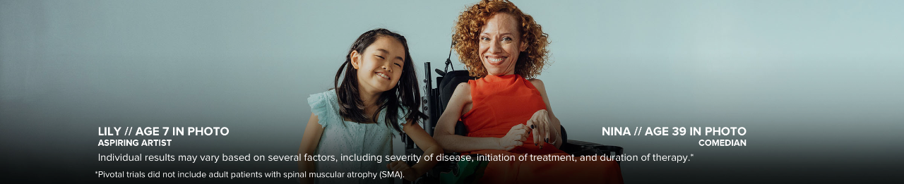 Lily, age 7 in photo, standing beside Nina, age 39 in photo. Both have SMA and have been treated with SPINRAZA for 5+ years.