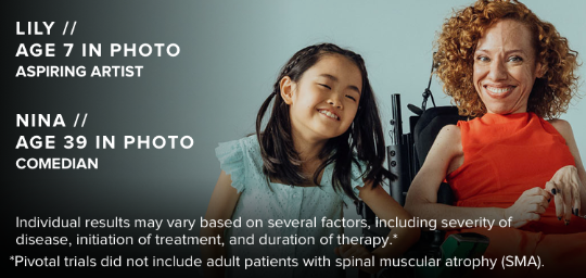 Lily, age 7 in photo, standing beside Nina, age 39 in photo. Both have SMA and have been treated with SPINRAZA for 5+ years.