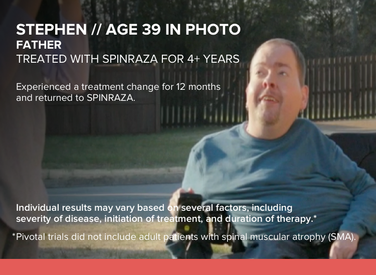 
  Stephen, age 39 in photo, treated with SPINRAZA for 4+ years. Had a treatment change for 12 monthsand returned to SPINRAZA.