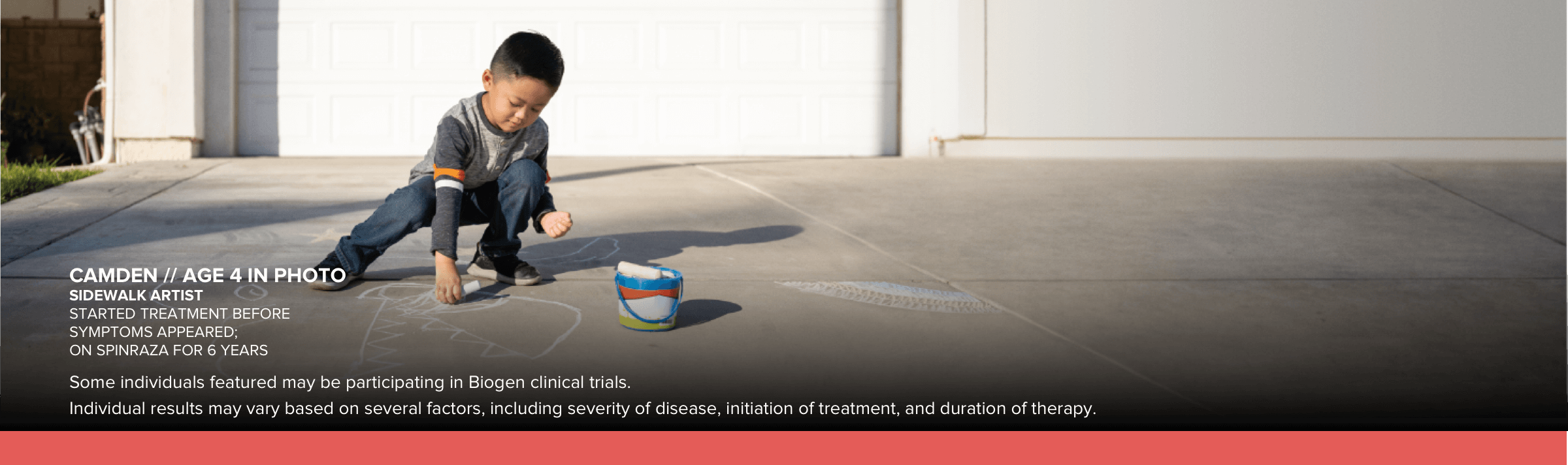 Camden, age 4 in photo, doing chalk art. Started SMA treatment before symptoms appeared and has been on SPINRAZA for 6 years.