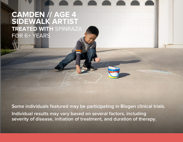 Camden, age 4 in photo, doing chalk art. Started SMA treatment before symptoms appeared and has been on SPINRAZA for 6 years.