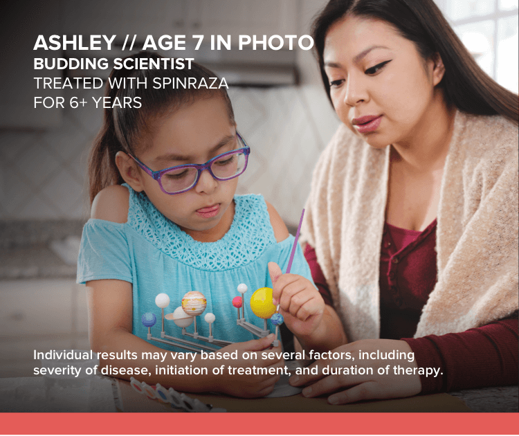 Ashley, age 7 in photo, working on a solar system science project. Has SMA and has been treated with SPINRAZA for 6+ years.